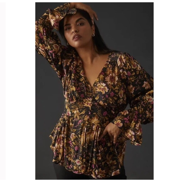 Anthropologie Deep-V Tunic Top Floral Blouse Corset Peplum Long Sleeve Size M - Picture 2 of 10